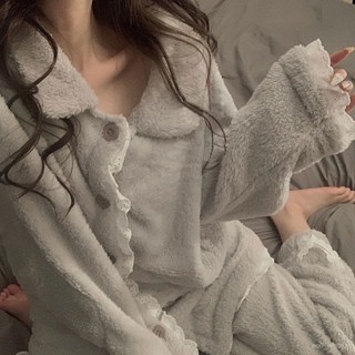 🍁限時下殺🍁韓版珊瑚絨睡衣女 冬季ins網紅素色灰色刷毛睡衣 小外套蕾絲花邊寬鬆舒適 加厚保暖法蘭絨女生居家服套裝 UG