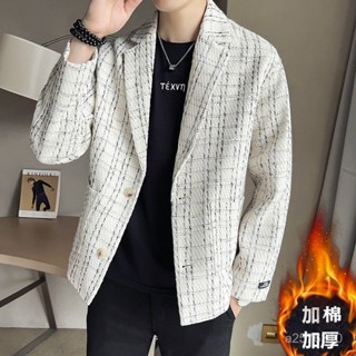 爆款熱賣❤小香風西服男士外套春秋款痞帥韓版修身帥氣編織麵料格子西裝上衣 LZZW