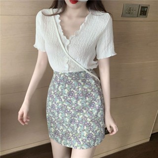 【PING'S🌞】兩件套 套裝 v領 紫色 上衣 女 夏季百褶裙 a字裙 夏天女裝 短袖 雪紡衫 半身裙 夏天大碼短裙