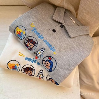 兒童秋季新款polo衫 洋氣時髦小熊刺繡男女寶長袖衛衣寬鬆長袖上衣