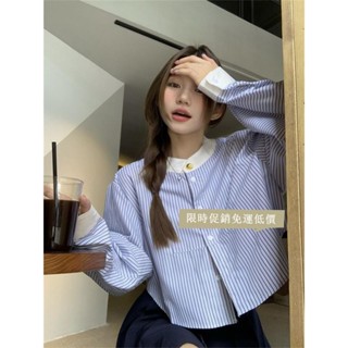 免運出貨🌸條紋襯衫 海軍風襯衣 長袖襯衫 韓係上衣 慵懶長袖襯衫 休閒上衣 襯衫 百搭上衣 寬鬆短款顯瘦上衣