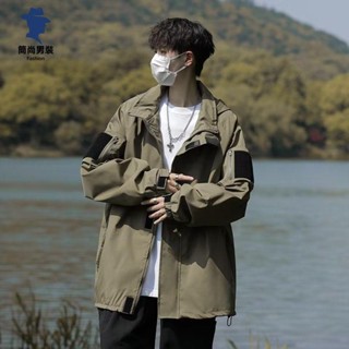 簡尚 春秋季山系沖鋒衣外套 男魔術貼戶外情侶休閑工裝連帽夾克帥氣YU