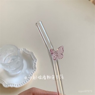 OXB6 精緻彩色蝴蝶玻璃吸管ins環保高顔值飲管咖啡成人可愛彎頭牛奶吸