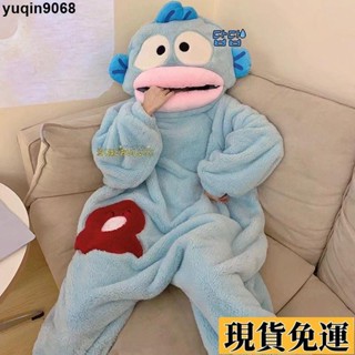 🌸限時免運🌸 醜魚漢頓可愛搞怪連體情侶睡衣男女冬季加絨加厚珊瑚絨卡通家居服