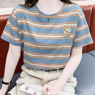 刺繡短袖 t桖女上衣 條紋刺繡上衣 寬鬆短袖女 時尚女裝 條紋韓系chic別致上衣 圓領上衣女 女生衣服 夏季女裝