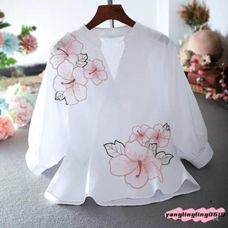 🧊【夏季必備】【時尚推薦】藝文淑女小清新V領寬鬆甜美刺繡花朵襯衫女 超仙氣時尚休閒百搭顯瘦上衣 時尚 百搭 寬鬆 顯瘦