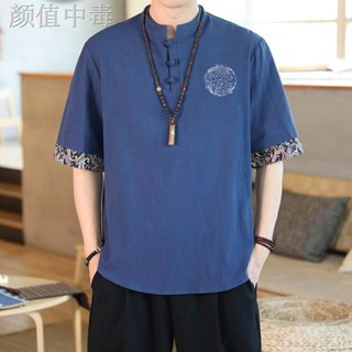 【免運】亞麻T恤男短袖唐裝中國風男裝復古胖子潮大尺碼棉麻衣短袖寬鬆薄