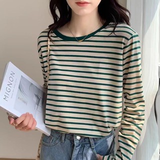 【免運】秋季條紋打底衫女內搭秋冬洋氣圓領寬鬆顯瘦百搭長袖T恤休閒純棉上衣