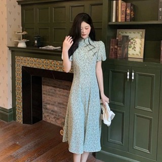 【免運】復古改良旗袍大尺碼胖MM長款洋裝女夏季碎花80斤-300斤裙子