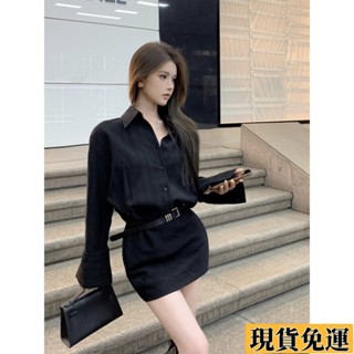 𝙻𝚞𝚢𝚞🚀限時免運黑色polo領長袖襯衫氣質高階感腰帶收腰包臀短裙秋天女裝 韓係長袖連衣裙 氣質套裝 日係婚禮