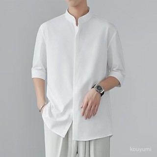 闆娘虧本出💋新中式短袖白襯衫男夏季新款冰絲五分免燙休閒民族風純色襯衣七分 DAPS