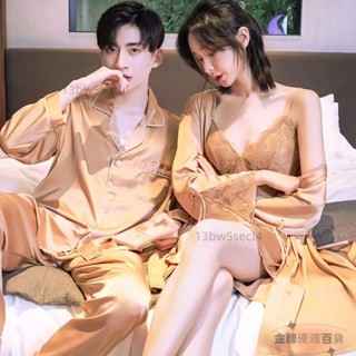 新品熱銷＃情侶冰絲睡衣春秋長袖女蕾絲花邊睡袍絲綢男士大碼套裝韓版家居服3*23