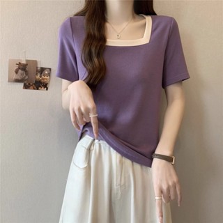🌸臺灣限價免運🌸鹿鹿 【3575人收藏】正肩t恤女短袖方領撞色胖mm大碼女裝顯瘦百搭寬鬆遮肚子上衣300斤