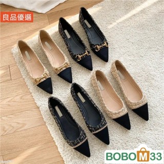 BOB33❤小香風 低跟鞋子 四季鞋 韓版 毛呢 尖頭 平底鞋 淺口 包鞋 平跟 黑色單鞋 [BM009]百搭 懶人鞋