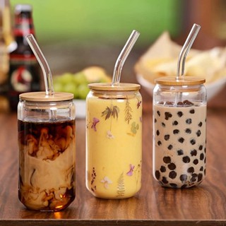 小明優品 吸管杯 帶吸管和玻璃蓋的咖啡杯 透明玻璃冷飲杯 咖啡杯 飲料杯 可愛奶茶杯 帶蓋奶茶杯
