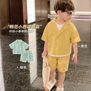 兒童西裝套裝新款男童短袖休閒禮服外套+褲子洋氣小西裝