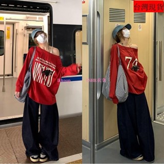 【臺灣出貨】Y2k露肩前後印花長袖t恤2024秋季女裝時尚兩面寬鬆上衣