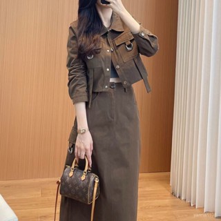 新品 套裝女 套裝夏天 【店鋪熱銷】咖啡色工裝套裝女春夏2025年新款女裝早秋短外套+半身裙兩件套潮 HK6N