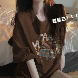 LanFa時尚女裝/上衣 短袖 女生 短袖純棉 韓版 寬鬆上衣 棕色寬鬆over復古短袖T恤顯白女夏季寬鬆新款上衣ins