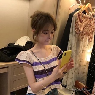 DIFF】韓版圓領條紋短版上衣 短袖上衣 短袖t恤 女裝 顯瘦上衣 衣服 寬鬆上衣 針織上衣【T555】