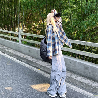 LanFa時尚女裝/上衣 襯衫 長袖 韓版長袖 休閑百搭 美式復古撞色格子防曬襯衫男女長袖寬鬆薄款襯衣外套