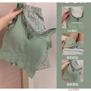 無縫帶胸墊吊帶睡衣女夏季運動背心甜美碎花短褲可外穿家居服套裝女士吊帶背心睡衣女士居家吊帶無袖睡衣女生休閒睡衣