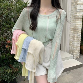 🤍CUSTOM🤍 針織防曬罩衫女 薄款鏤空針織長袖T恤女夏季短款空調衫外搭新款罩衫上衣 女裝 A5