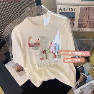 Lucky✨圓領衫 小象 字母 鑲鑽 短袖 針織 女 夏 2025 新款 設計感 外穿 寬鬆 ins 上衣
