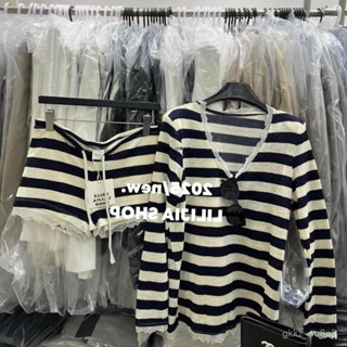 🔥桃園出貨🔥【免運】居家服套裝 韓版休閒 大碼 慵懶長袖v領 條紋睡衣 女夏新款 蕾絲短褲 兩件套 家居服