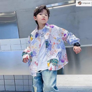 🌸臺灣出貨🌸1-12歲男大童春季塗鴉長袖襯衫2025新款兒童男孩春秋痞帥薄款襯衣外套潮