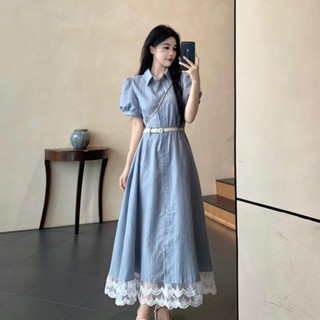 🚚臺灣低價免運🚚【店鋪熱銷】大碼胖mm蕾絲花邊法式拼接連衣裙女夏季新款高階感遮肉顯瘦中長裙