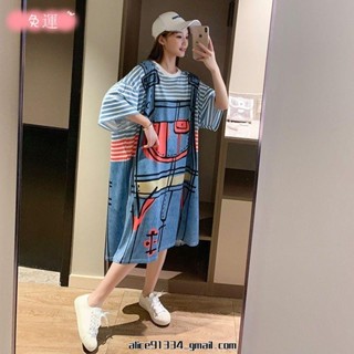 桃園發貨✨【特大尺碼】（40-100kg）ins韓國早春五分袖寬鬆肥大尺碼200斤睡衣女長款洋裝卡通家居睡裙夏