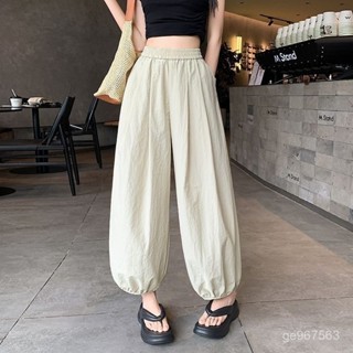 Sy🔆日係鬆緊腰寬鬆休閒燈籠奶奶褲女2024夏款高腰垂感顯瘦九分蘿蔔褲