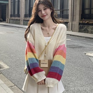 LanFa時尚女裝/春秋外套女 長袖外套 百搭外套 寬鬆 新款 拼色針織開衫春秋女新款小個子寬鬆設計感甜美寬鬆短款外套潮