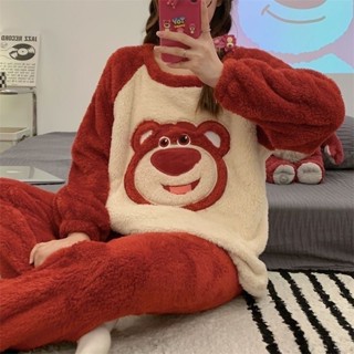 (典藏私櫥)珊瑚絨睡衣套裝女 秋冬季加厚加絨 卡通可愛睡衣 可愛卡通草莓熊 保暖冬天法蘭絨家居服 睡衣套裝 女生睡衣
