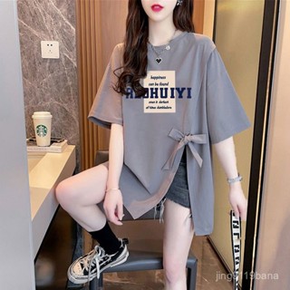 【VIVI安】胖mm大尺碼女裝 短袖T 女裝 夏款 小眾個性開叉設計感純棉短袖T恤女ins韓版洋氣印花寬鬆中長款上衣