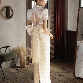 夢緣·優品 法式白色蕾絲魚尾旗袍晚禮服女輕奢小眾高階露背蝴蝶結漂亮洋裝k15160926