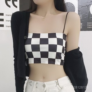 【"LeMon. - 檸檬】短款格子冰絲無痕內衣聚攏無鋼圈運動吊帶抹胸防走光美背背心女士