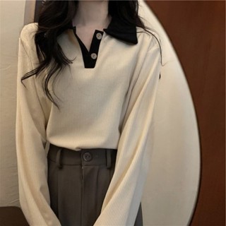 Luxi❤春秋款polo領長袖T恤女2023年清新學院風紐扣薄款ins小眾別緻上衣