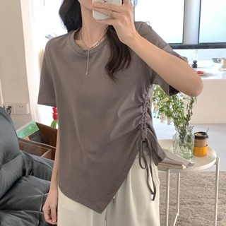 Luxi❤300斤大碼女裝遮肚子不規則短袖正肩T恤夏季胖mm寬鬆開叉別緻上衣