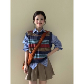 Tianx✨學院風套裝女春秋新款複古撞色針織馬甲背心疊穿格子襯衫百褶裙子 5E5Z