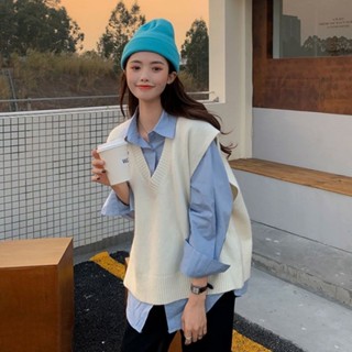 Tianx✨套裝女2025春秋新款韓版薄款針織馬甲背心外套寬鬆百搭襯衫兩件套