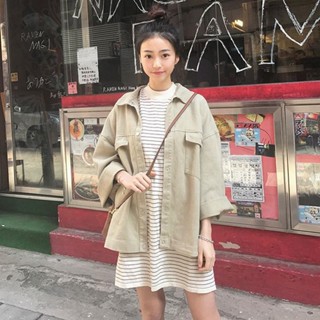 Good✨春秋新款韓版寬鬆大口袋複古牛仔外套女學生原宿風工裝bf港味襯衣