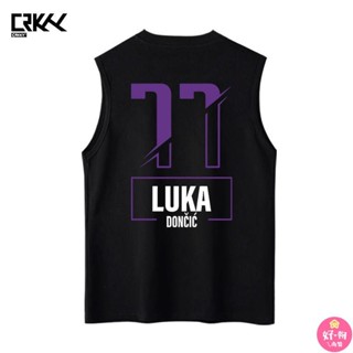 【NBA同款】湖人隊77號運動上衣 東契奇坎肩背心 塗鴉T恤 籃球衣男 美式寬松純棉無袖T恤 透氣 無袖 籃球運動上衣男