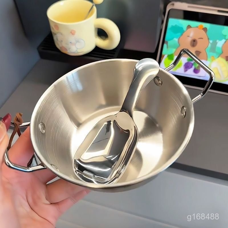 超萌可愛雙耳碗+卡沙巴拉勺韓式米酒不銹鋼小喫碗 304不鏽鋼帶柄米酒碗 帶柄小喫碗 帶柄小湯碗 戶外露營餐具