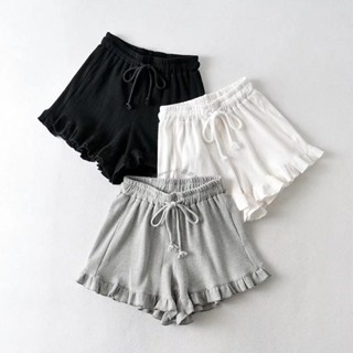 Twiggie❥熱褲學生褲大尺碼短褲女休閒運動韓版百搭休閒花邊華夫格短褲潮夏季新款鬆緊腰運動褲熱褲