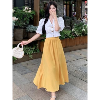 女裝套裝||連衣裙套裝||短裙套裝||禮服套裝||A套裝女2025夏季新款宮廷風泡泡袖POLO領襯衫+複古百搭高腰半身裙