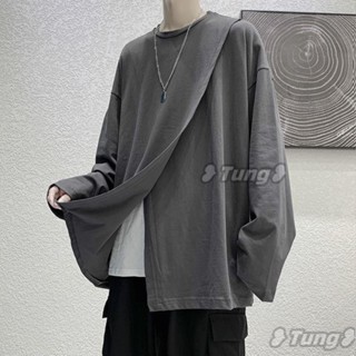 【免運】秋季開叉披風長袖男t恤潮牌寬鬆韓版純色上衣學生情侶裝百搭外套