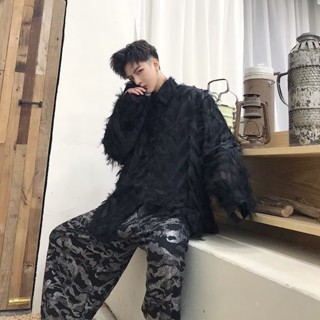 🔥長袖襯衫男 M-3XL 潮流設計師款立體羽毛chic網紅襯衫 韓版寬鬆韓風情侶襯衫優質