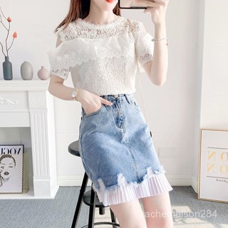 套裝 夏季新款 短袖 時尚 小清新 蕾絲衫上衣 牛仔拚接半身裙 兩件套 女套裝